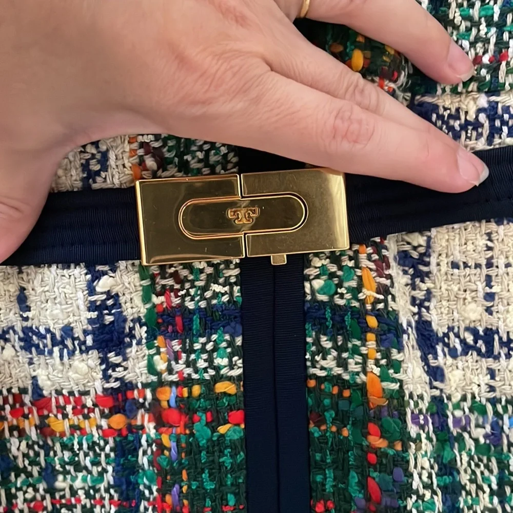 Tory Burch Green, Navy and Cream Tweed Mini Dress